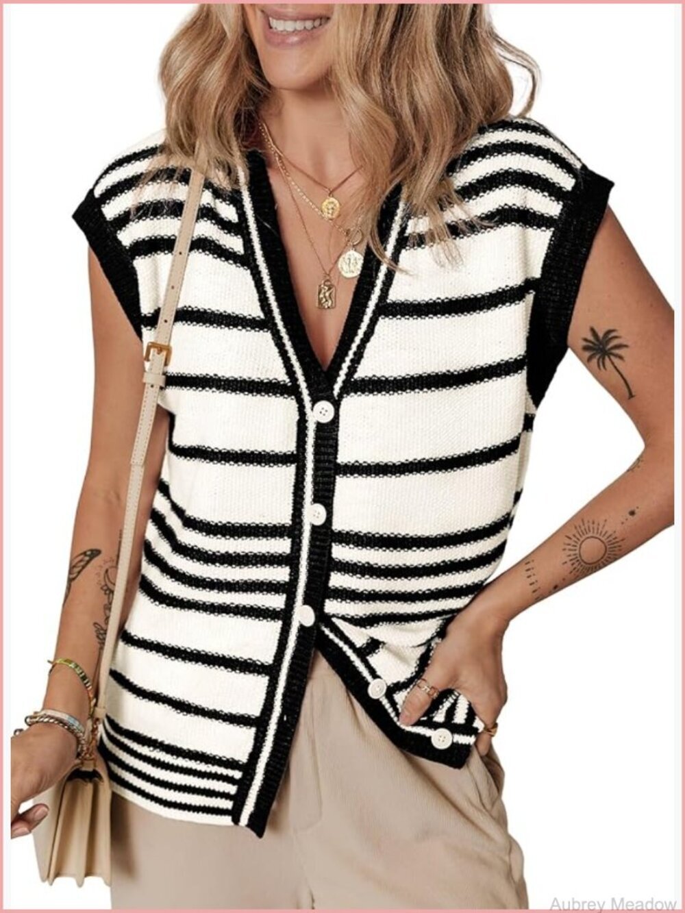 Women Striped V Neck Button Vest Top Spring Cardigan Sweaters Sleeveless Knit